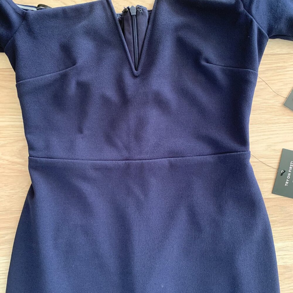 Dark Navy Blue Formal Off the Shoulder V Cut Long Maxi Dress - Picture 7 of 16